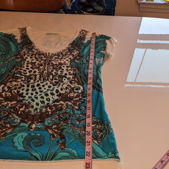 Vintage Y2K Designer Animal Print Crown Rhinestone Maximalist V Neck Tee - Picture 8 of 11